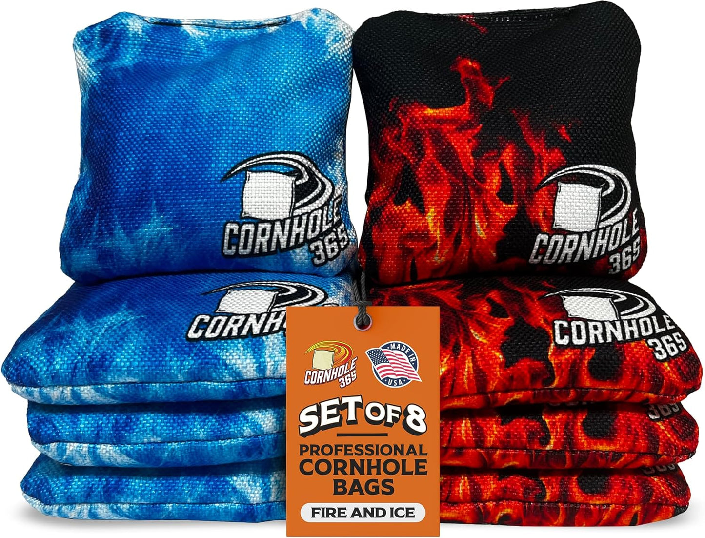 Cornhole365 Cornhole Bags - All-Weather, Heavy-Duty, Double-Stitched Fabric - Fire & Ice Design, Set of 8