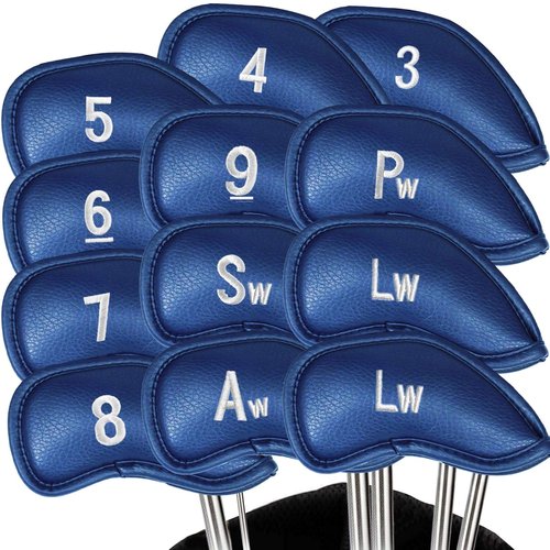 FINGER TEN Premium Synthetic Leather Stylish Iron & Wedge Golf Head Covers Value 12 Piece Set, Embroidered Labels & Fits Most Clubs Gift Set, Travel Protection Accessories (1 Side-Blue)