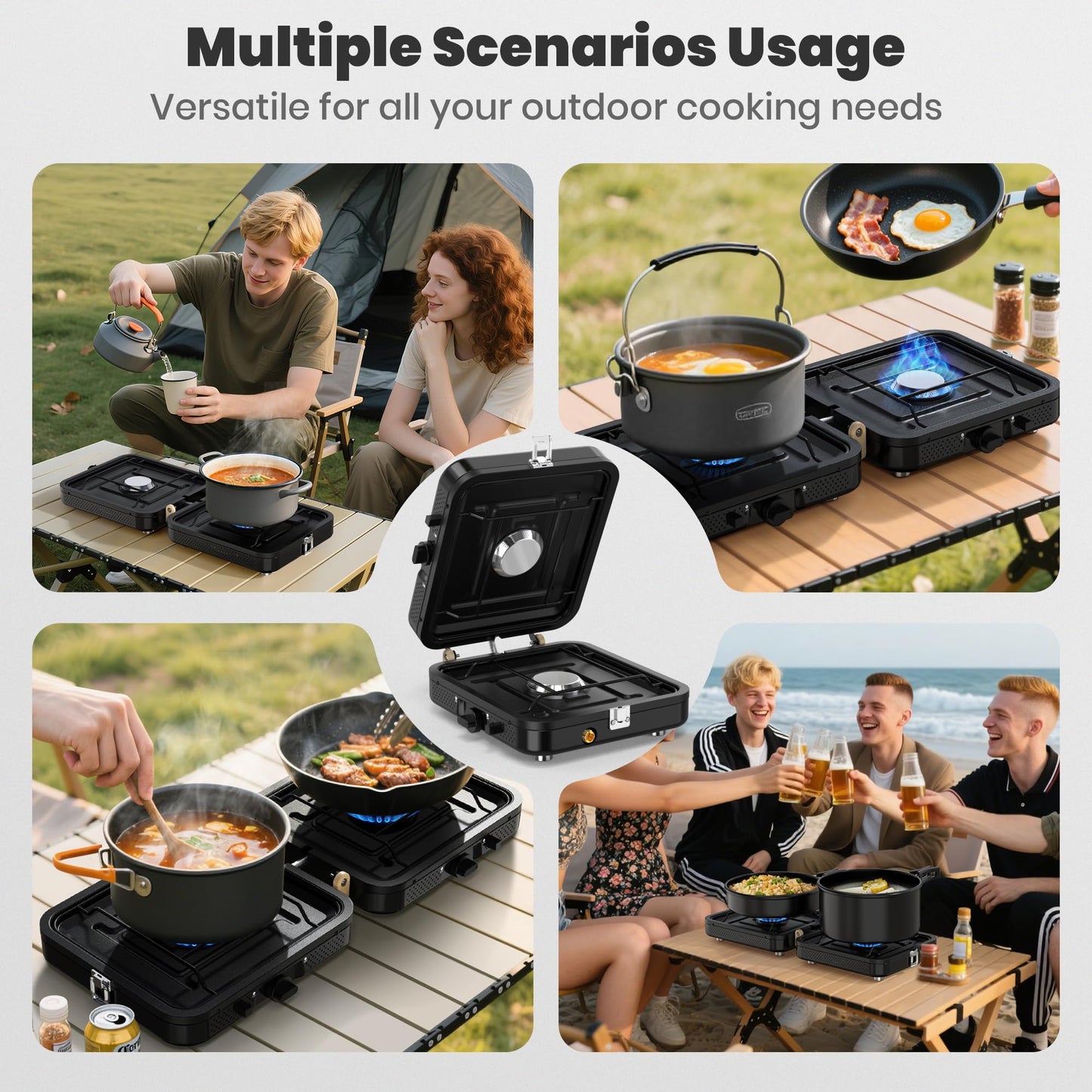 Camping Propane Stove 2 Burner 20000 BTU, Portable Folding Propane Stove with Carrying Bag, Adjustable High Heat Burners & Piezo Push-Button Instant Ignition,Outdoor Tailgating BBQ Camping Essentials