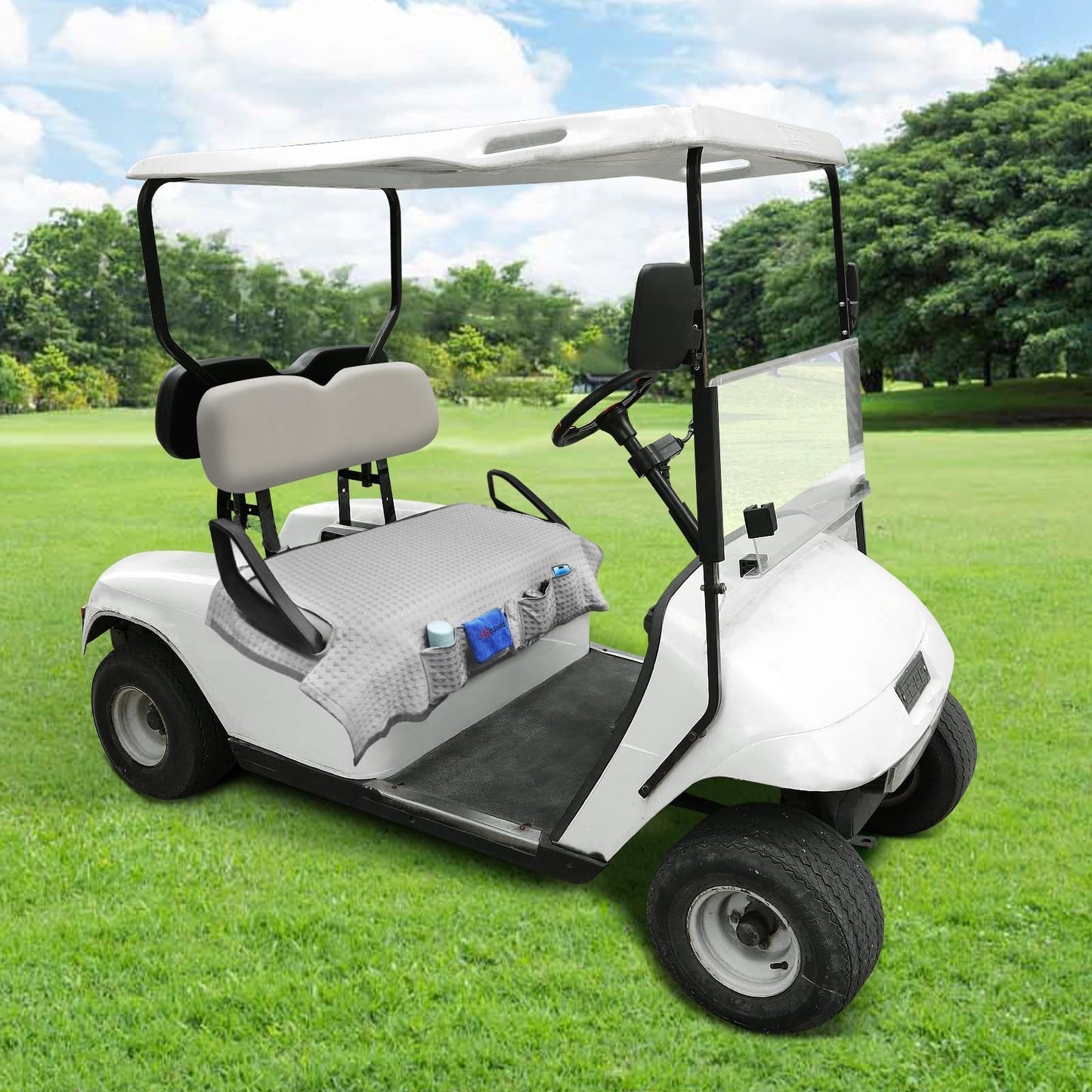 LEAPGOMAX Golf Cart Seat Covers Cooling Ice Silk Golf Cart Seat Blanket for EZGO TXT RXV/Club Car DS Precedent Front Seat 4 Pockets Seat Blanket for 2-Person Seats, Keeps Seat Cool and Clean Gray
