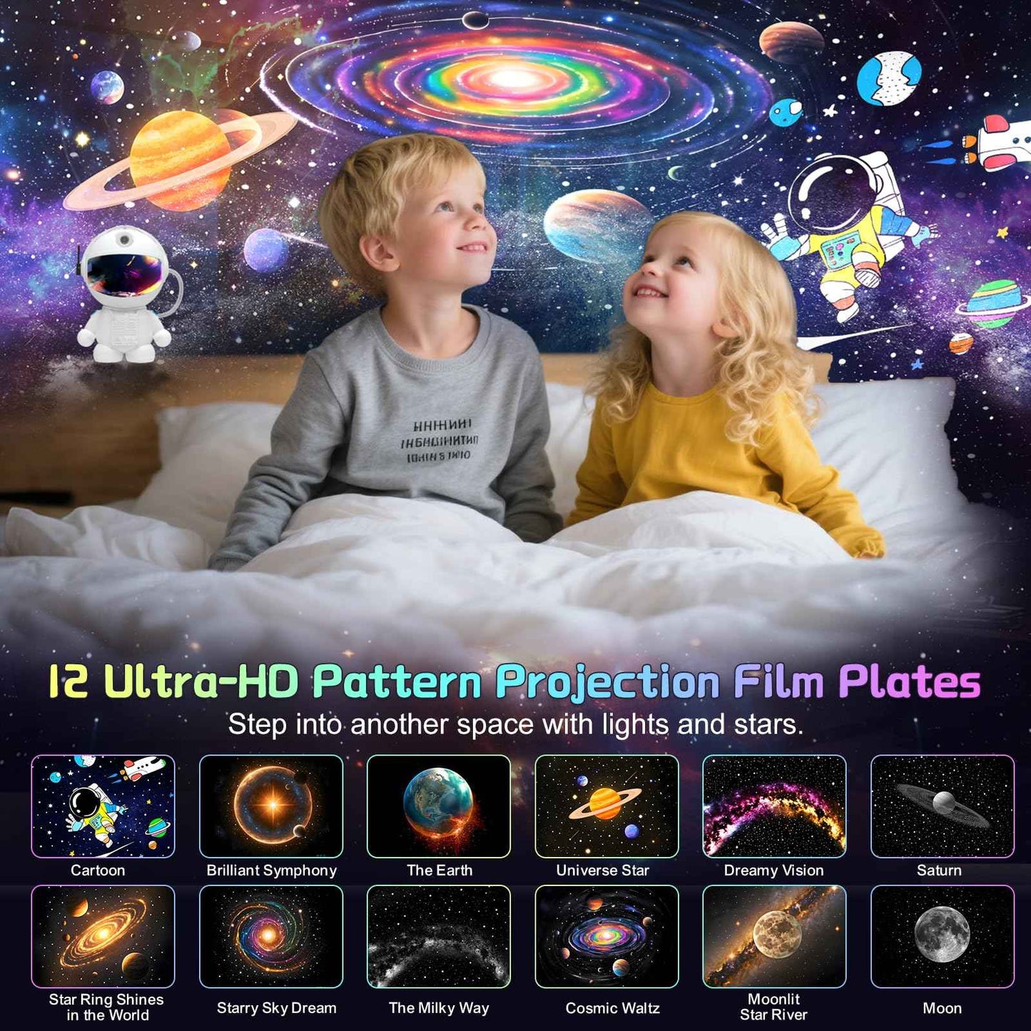 SHJQJJLBCQ Space Galaxy Night Light Projector, Ultra-HD Astronaut Design, 12 Film Discs, LED Display with Adjustable Brightness