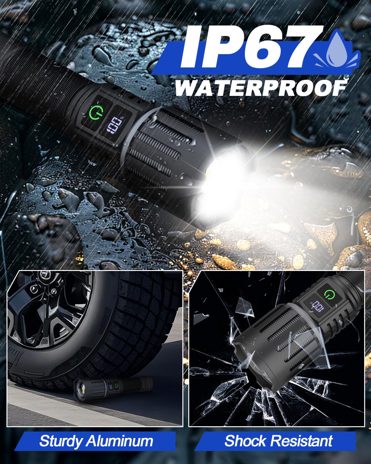Victoper Rechargeable Flashlight, Titanium 5 Modes Zoomable Flash Light, Bright Real 1500 High Lumens Flashlights, LED Power Display Tactical Flash Lights Holster for Camping Essential Men
