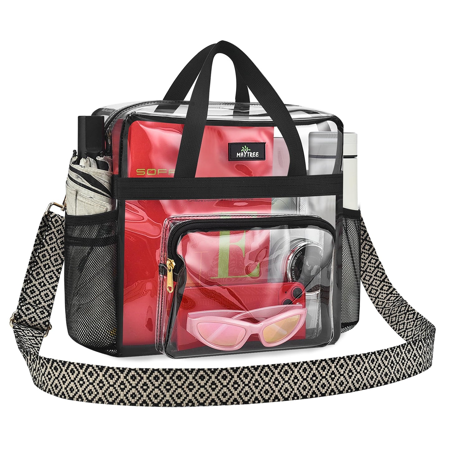 MAY TREE Clear Bag for Stadium Events, 12×6×12 Clear Tote Bag with Removable Strap, Transparent Bag for Concert Sports Gym, Wave-Strap