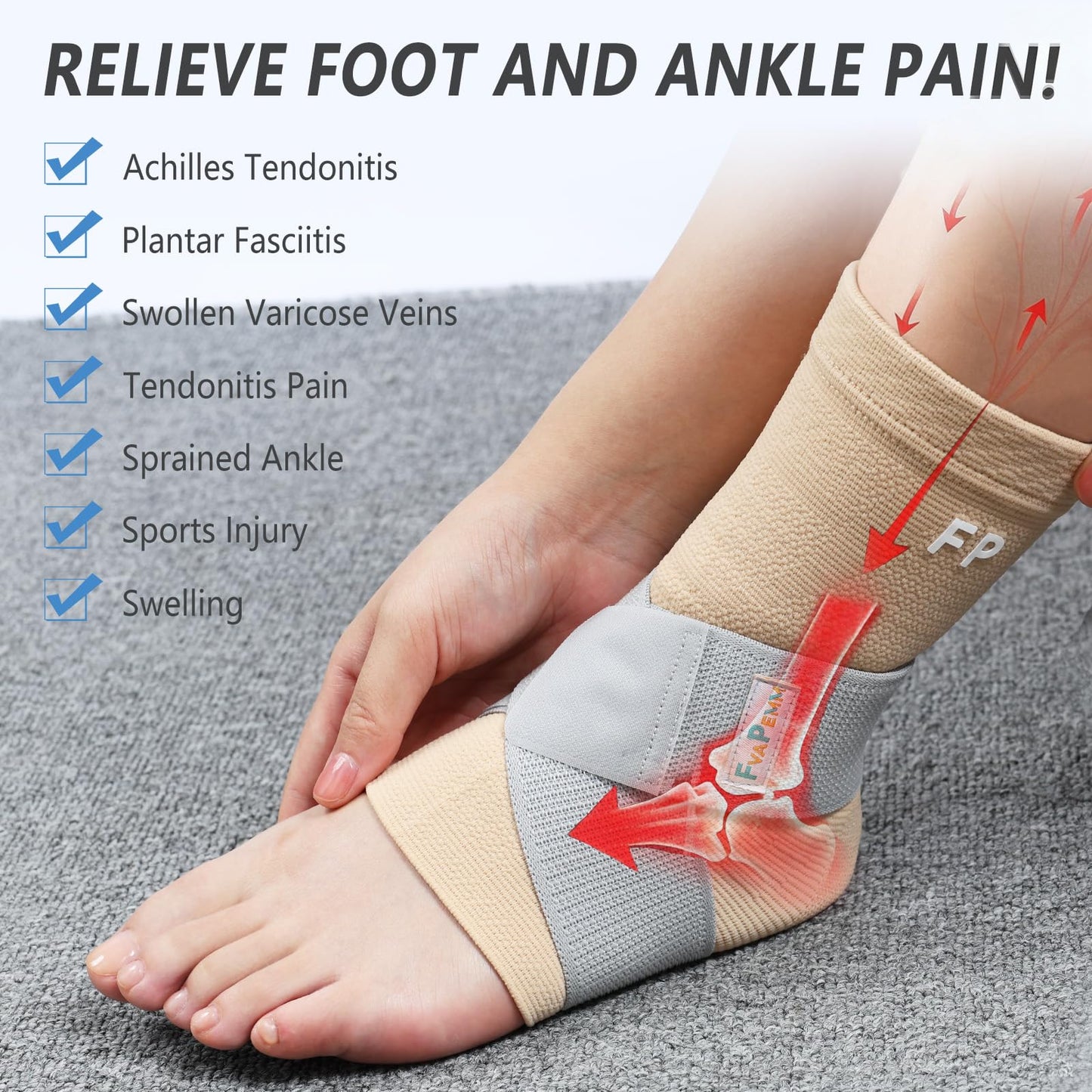 FvaPemm Copper Ankle Brace for Women Men 2 Pack Ankle Compression Sleeve Support for Sprained Ankle, Plantar Fasciitis Relief & Achilles Tendonitis Brace, Sports, Running, Nude, M