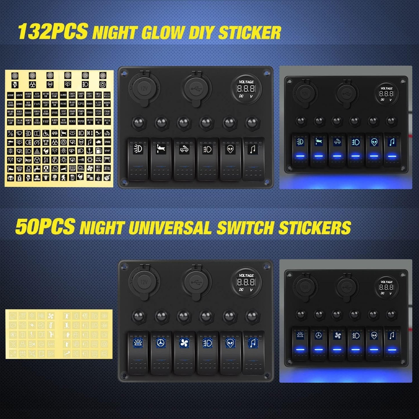 Nilight 6 Gang Rocker Switch Panel - Waterproof Pre-Wired Aluminum with USB & Voltmeter for 12V/24V Vehicles