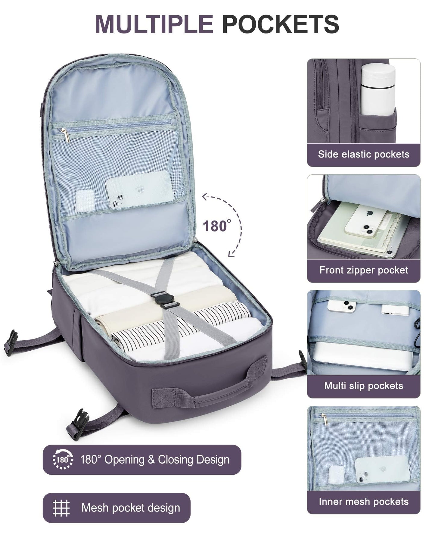 BJLFS Large Travel Backpack for Women Men,Carry On Backpack,Hiking Backpack Waterproof Outdoor Sports Rucksack Casual Work Gym Weekender Daypack Travel Essentials（simple, Purple）