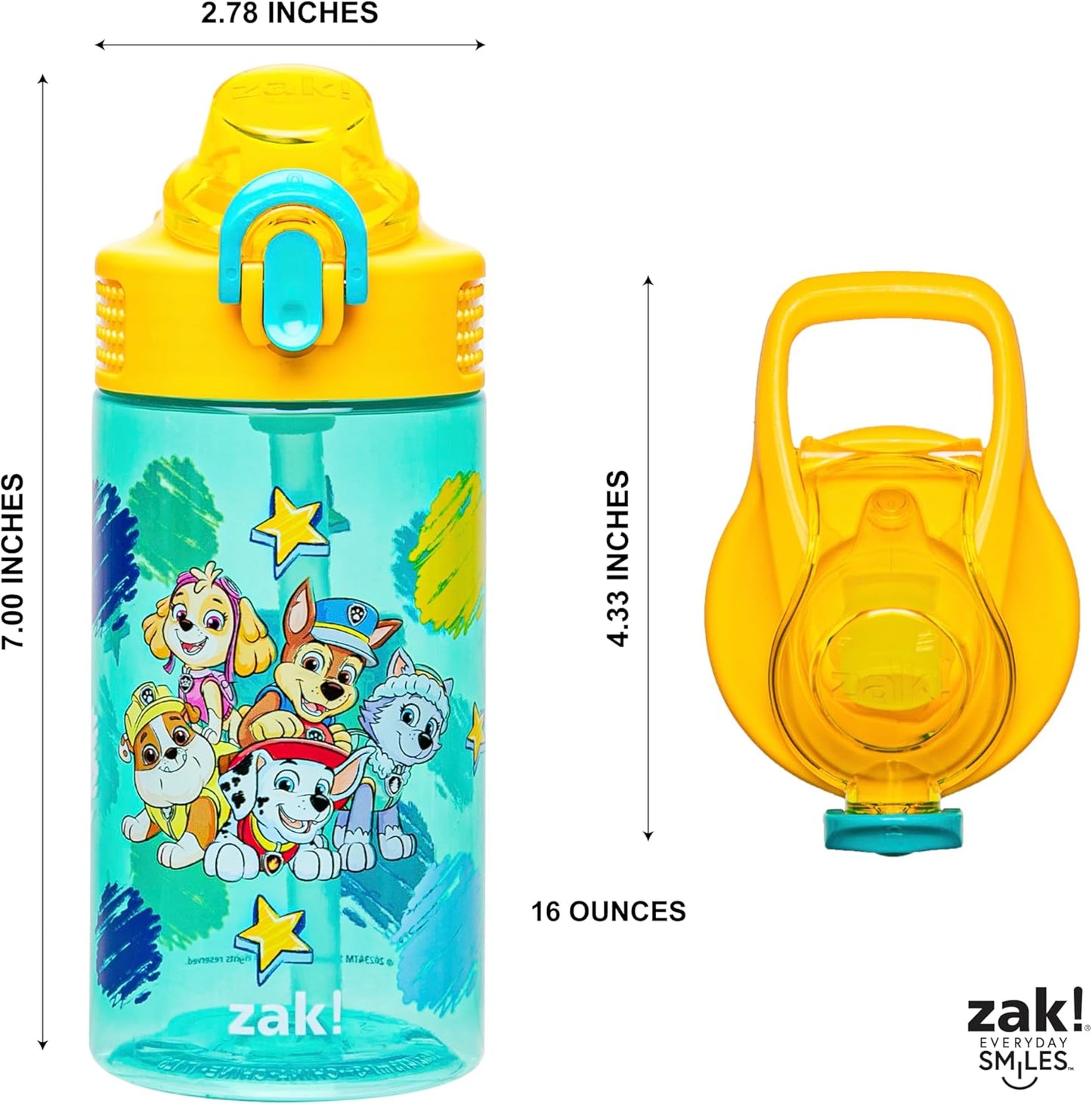 Zak Designs PAW Patrol Water Bottle - 16oz Durable Plastic With Straw & Leak-Proof Cover | Perfect for School & Travel