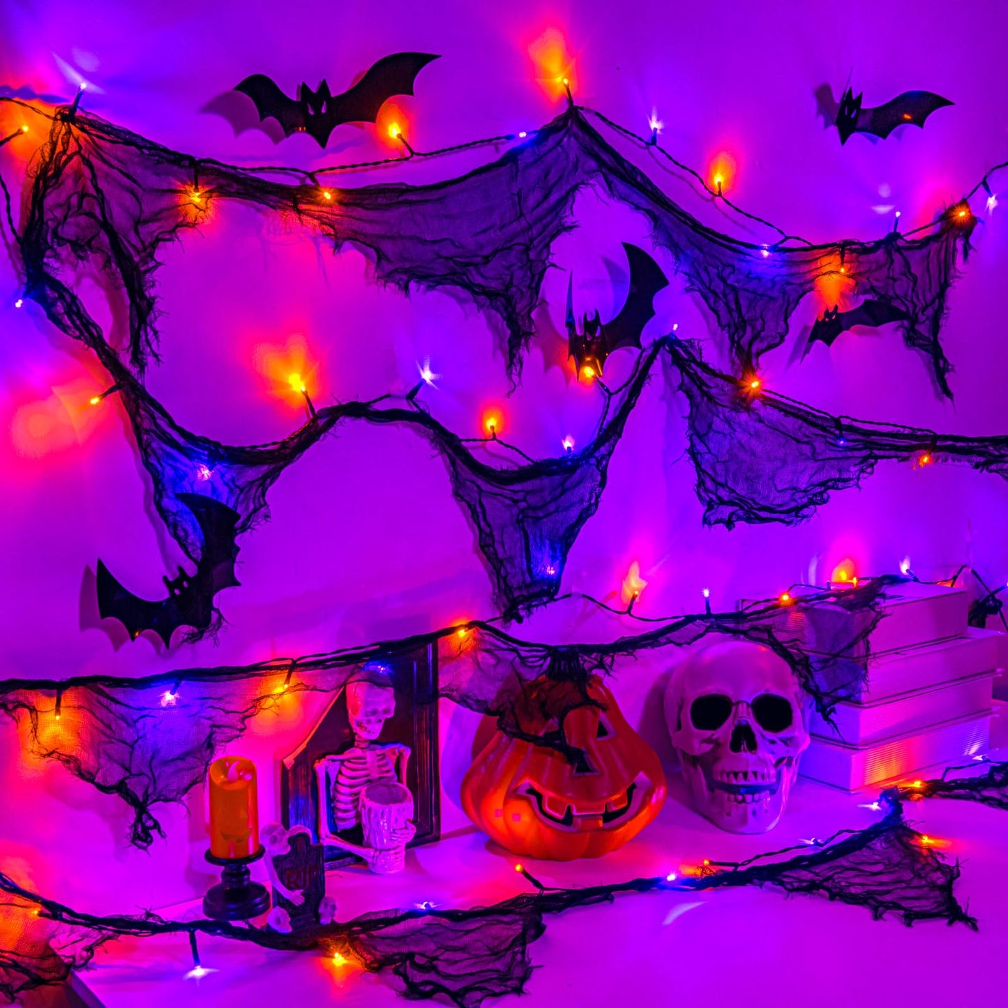 cshare Halloween Lights Battery Operated or USB, Creepy Cloth String Lights with Timer Waterproof 9.8ft 30LED Orange and Purple String Lights Halloween Decortions for Fireplace Window Door Mirror
