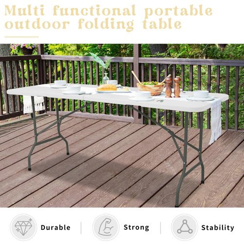 HAISIWLKJ Folding Table 8 FT Camping Table Portable Heavy Duty Plastic Rectangular Outdoor Dining Table Steel Legs Fold-in-Half with Carrying Handle for Indoor,Picnic,Party,Wedding,Events(White)