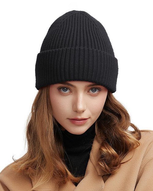 choshion Wool Beanie for Men Women, Seamless Knit Cuffed Warm Winter Hats Fisherman Beanies Womens Ski Hat Skull Cap Unisex, Black