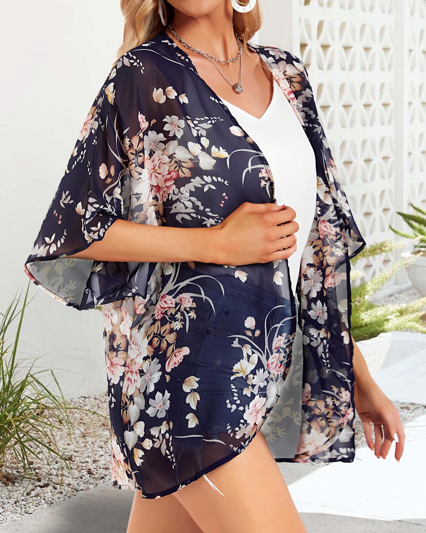 Kimono Cardigans for Women Floral Print 3/4 Sleeve Loose Cover Up Casual Blouse Tops (Navy Blue,M)