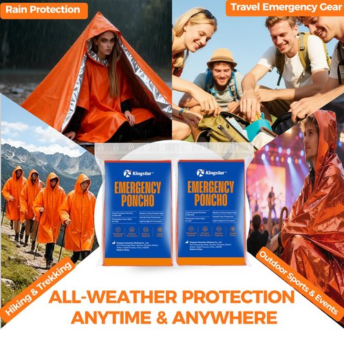 4 Pack Emergency Mylar Blanket Poncho | Waterproof Rain Ponchos | Reusable Packable Poncho | Survival Blanket Poncho for Outdoor Camping & Hiking, Rescue, Car Emergency Kit, Shelter/Tent Cover