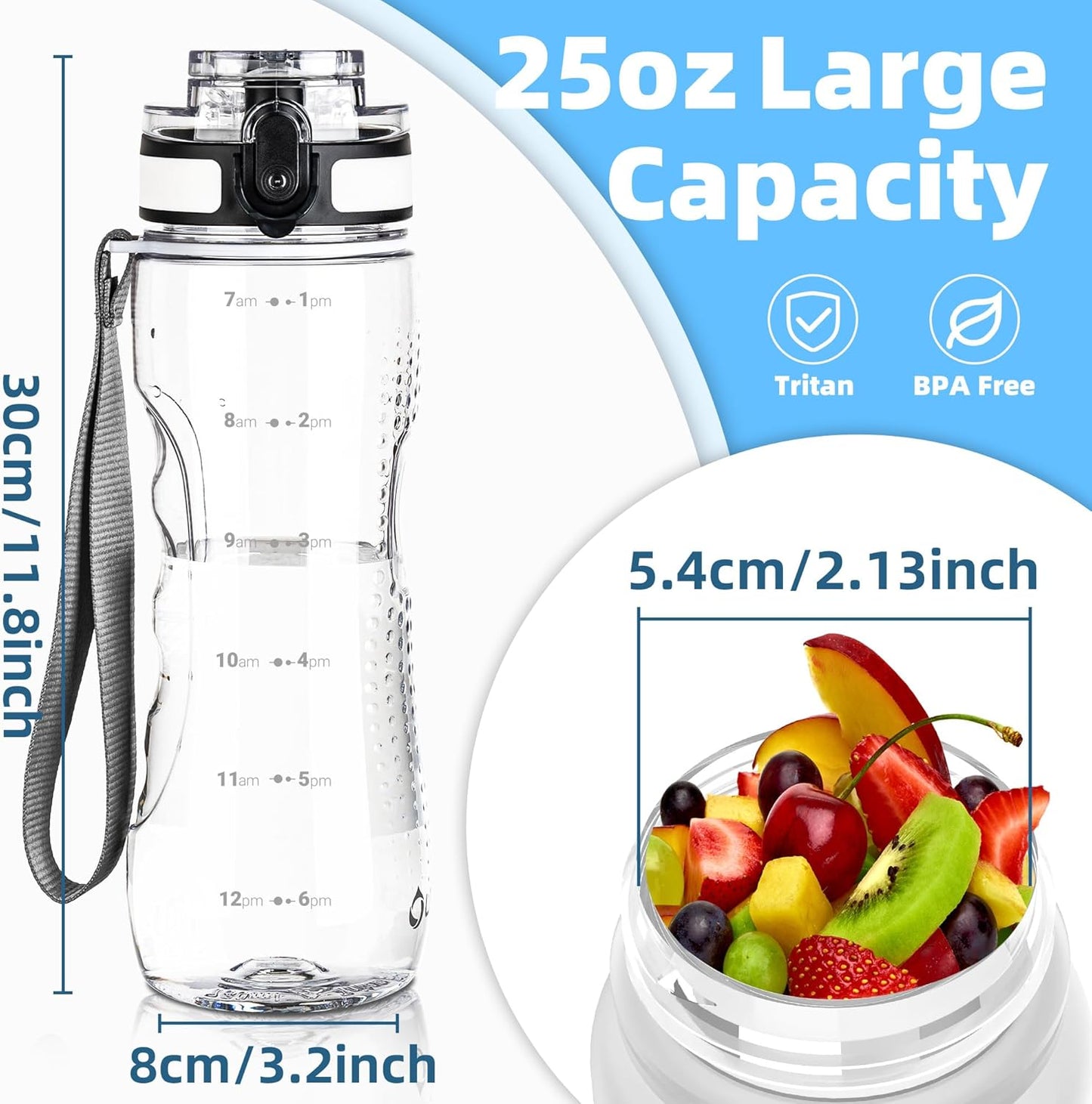 OLDLEY Motivational Water Bottle - 25 oz Leakproof Tritan Design with Time Marker & Strap | Perfect for Gym, School & Travel