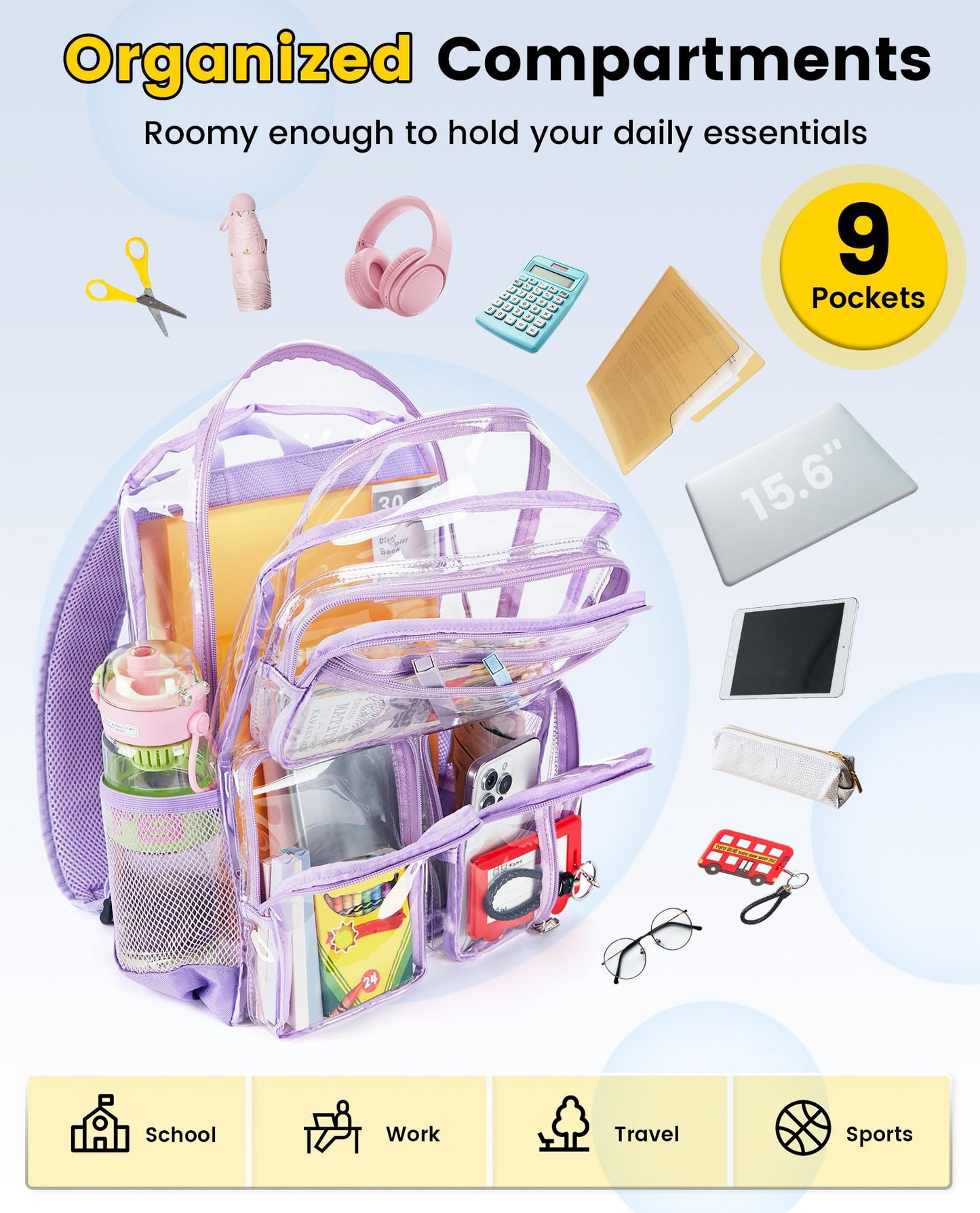 Vorspack Clear Backpack Heavy Duty - See Through Bookbag for Girls Boys Large Transparent Backpacks for Work, Travel, Festival - Purple