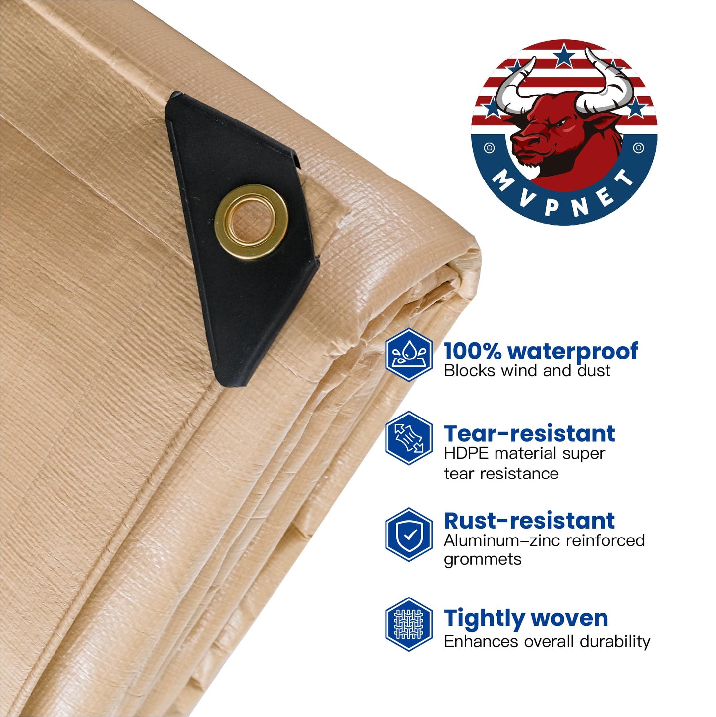 Tarp 20x20 Heavy Duty Waterproof Beige Tarp 12.5mil,Durable,Multipurpose, Weather Resistant,Uv Resistant,Tear Resistant,Can Be Used for Outdoor Furniture,Cars,Ships,Roofs-by MVPNET