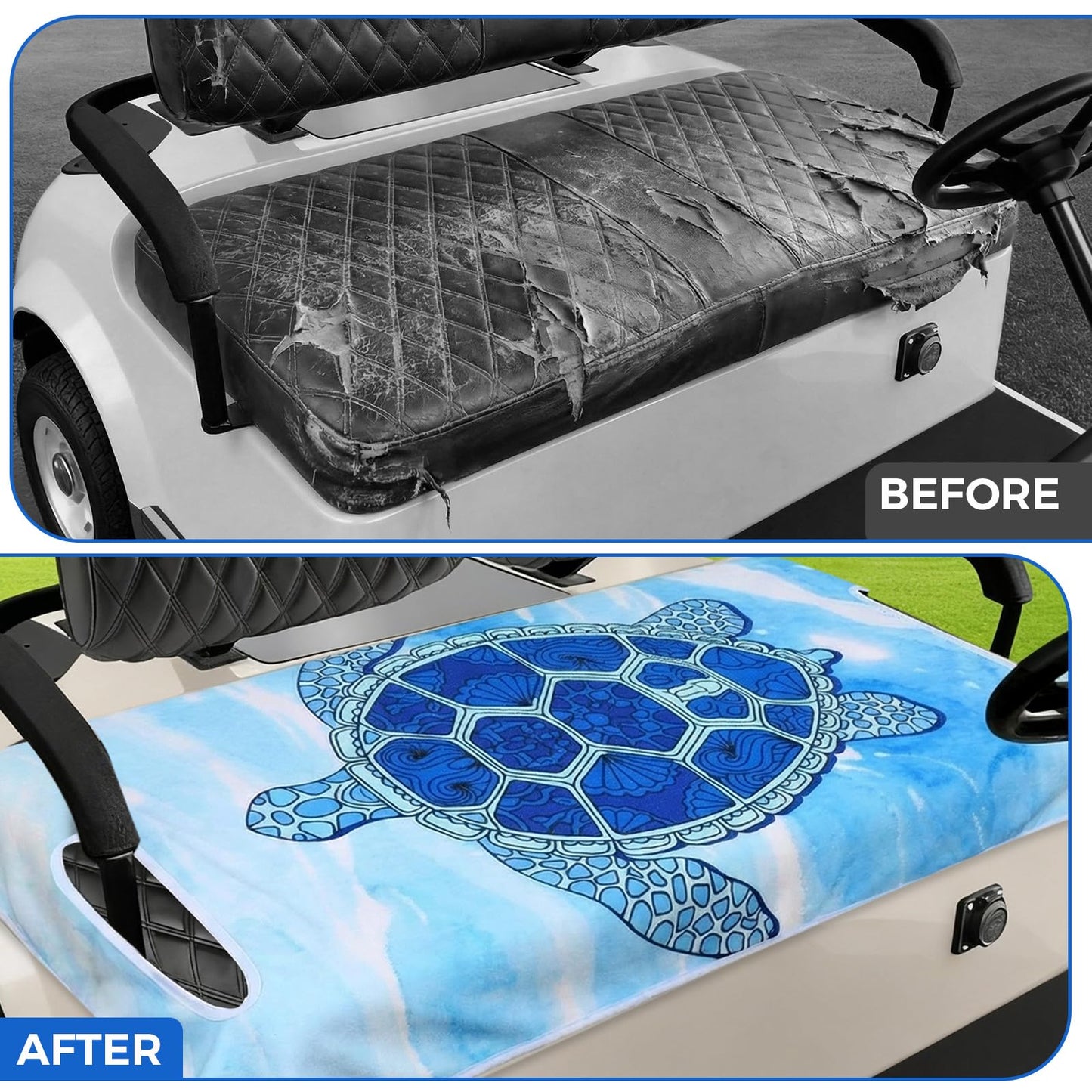 Peryiter Golf Cart Seat Covers Cute Blue Sea Turtle Cart Breathable Seat Covers Compatible with Ezgo and Other 2 Person Seats, Microfiber Suede, Sweat Absorption, 51"x 31"