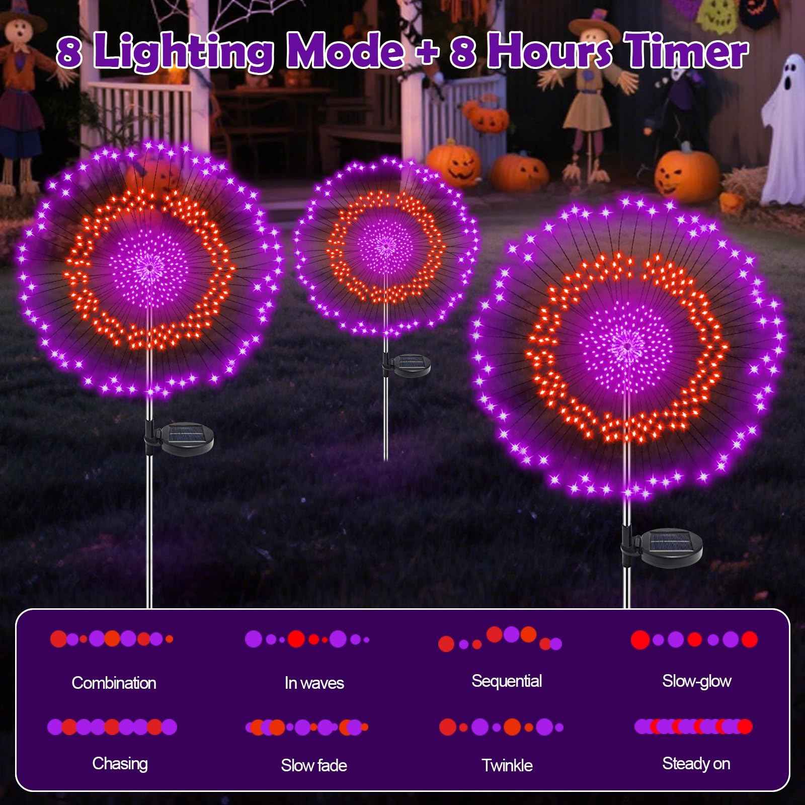 2 Pack Solar Halloween Lights Outdoor, 360 LED Orange & Purple Waterproof Solar Firework Lights with 8 Lighting Modes & Timer for Garden Yard Patio Pathway Spooky Outside Halloween Decorations