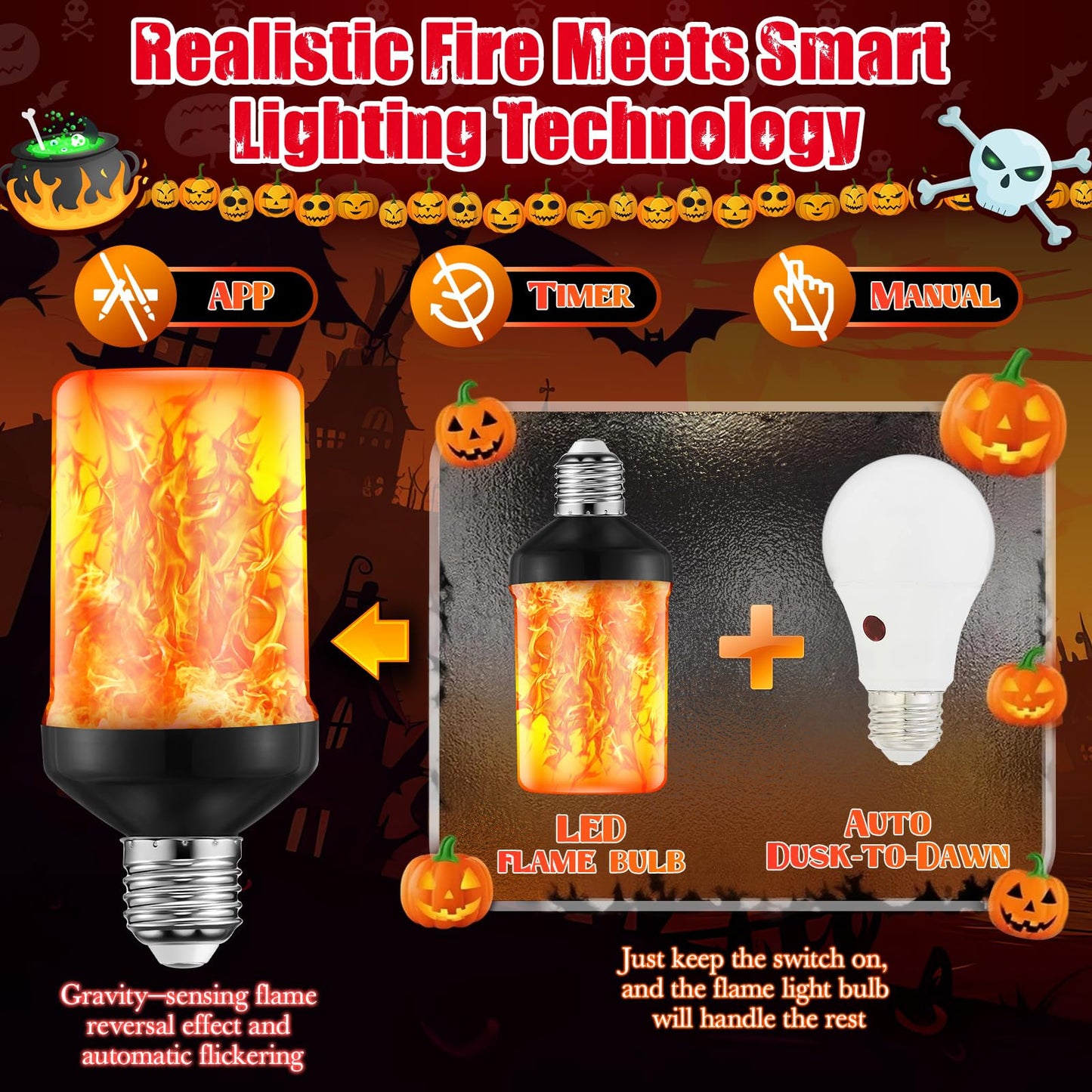 VIHOSE LED Flame Light Bulbs, Upgraded Dusk to Dawn Sensor Bulb with E26 Base, Flickering Flame with Upside Down Effect, Fire Bulb for Halloween Christmas Porch Outdoor Decor, 25, 000 Hours, 2 Pack