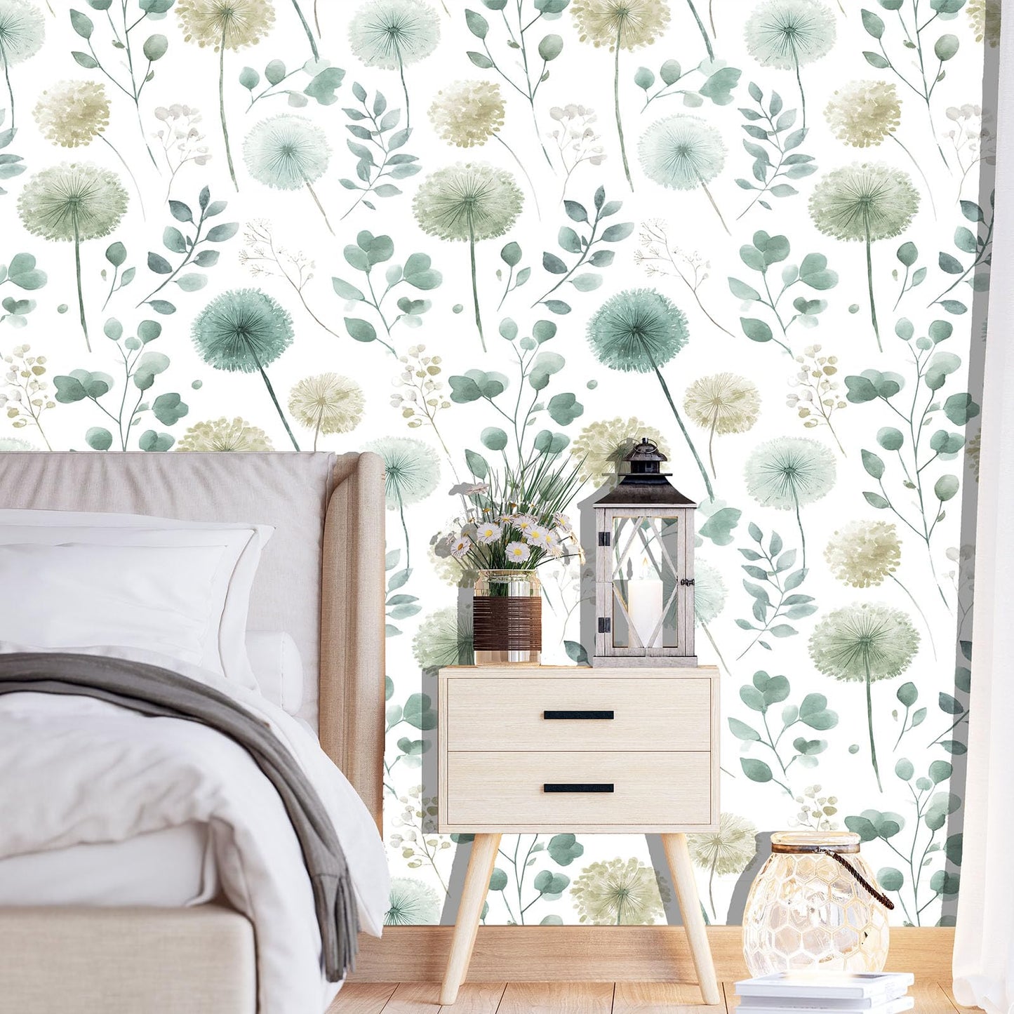 Wookmmy Sage Green Leaf Dandelion Peel and Stick Wallpaper Modern Botanical Eucalyptus Contact Paper Removable Waterproof Self Adhesive Wallpaper for Bedroom Bathroom Cabinets Farmhouse 17.7"x78.7"