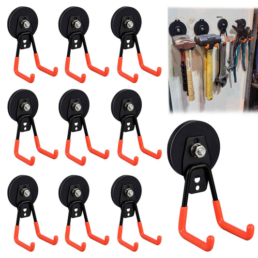 ULIBERMAGNET Heavy Duty Magnetic Garage Hook,10 Pack Strong Large Magnet Hooks for Power Drill,Garden Tools,Hose,Pegboard,Garage, Workshop,Magnetic Storage Hooks for Indoor Outdoor Hanging(Orange)