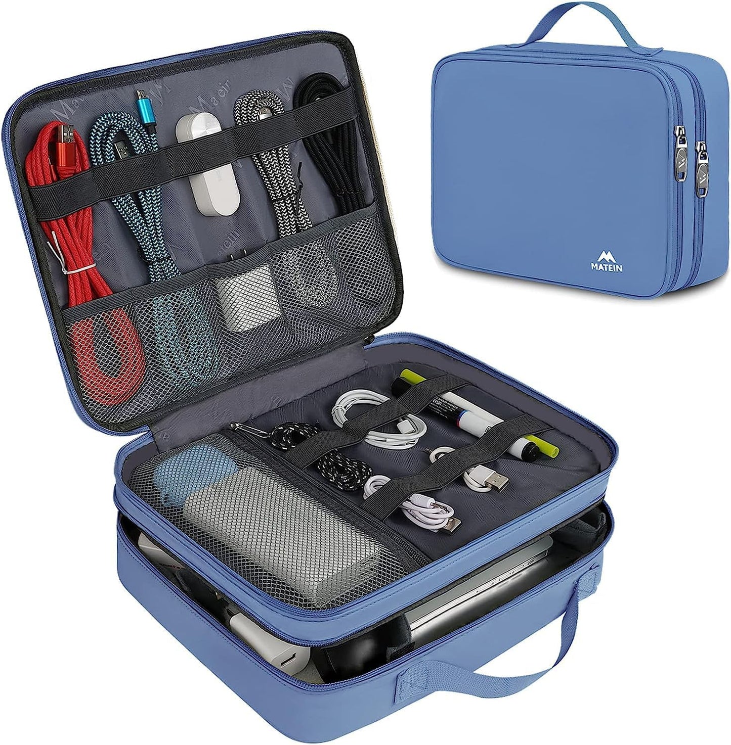 MATEIN Electronics Organizer, Cable Organizer Bag Electronic Accessories Case with Handle for Cable, Cord, Tablet, Charger, Phone, Double Layers Tech Case Travel Gifts for Men and Women, Blue
