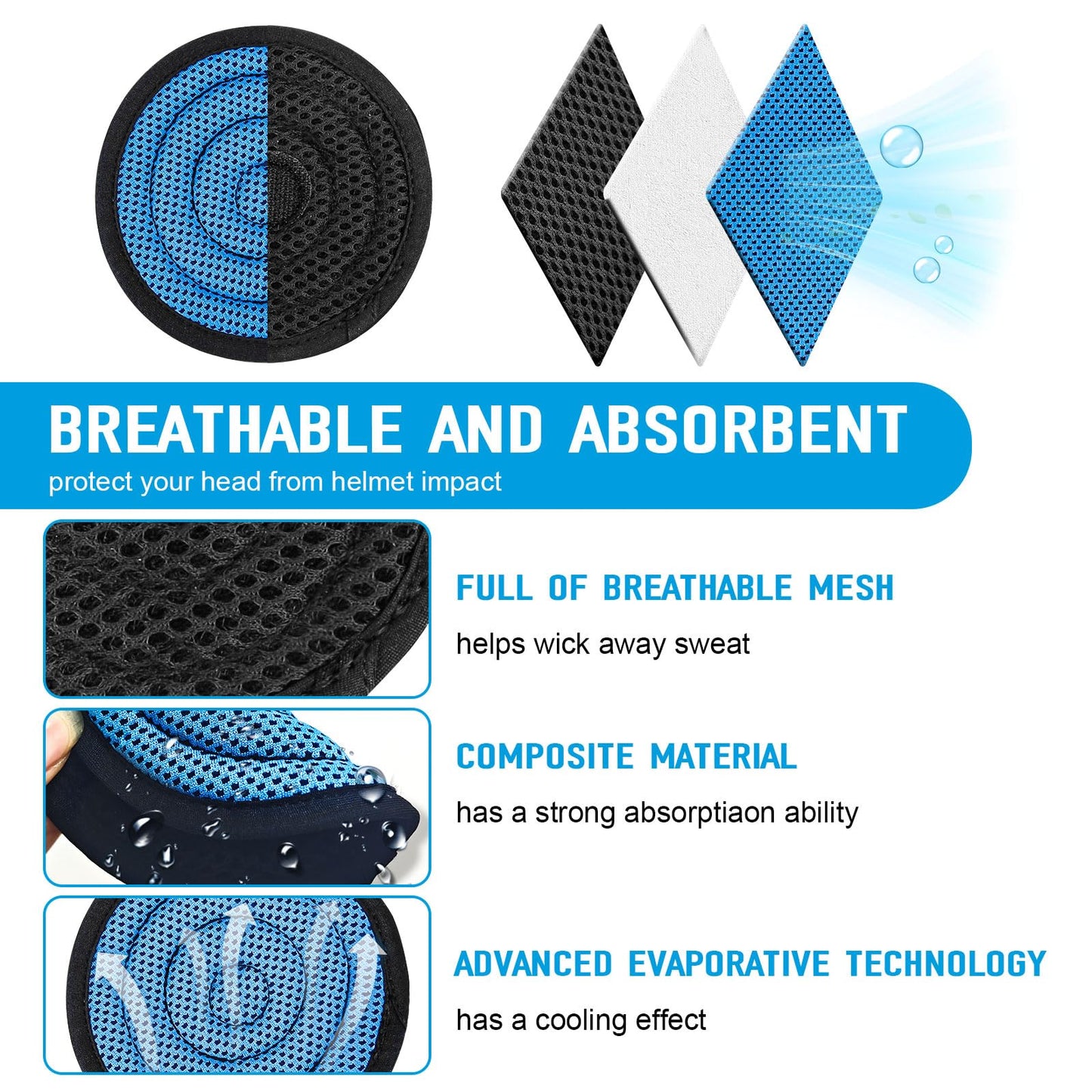 Hard Hat Top Pad Replacement, Washable Hard Hat Cooling Inserts/Liner/Sweatband, Sweat Pad Suspension Cushion Accessorie, Blue, 3 PCS