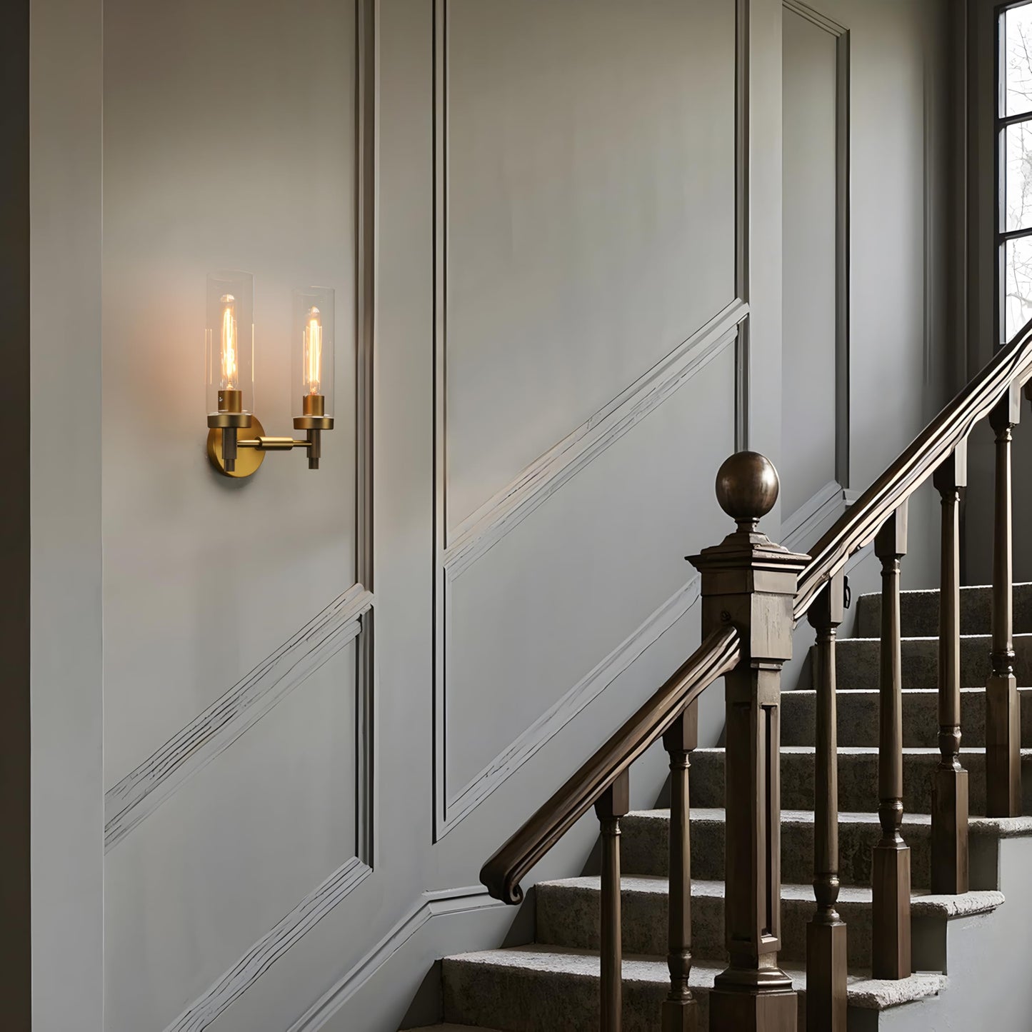 Phansthy Rustic Industrial Wall Sconce Light with 3.14"/8cm Tubular Clear Glass Lampshade (Double Sconce Antique)