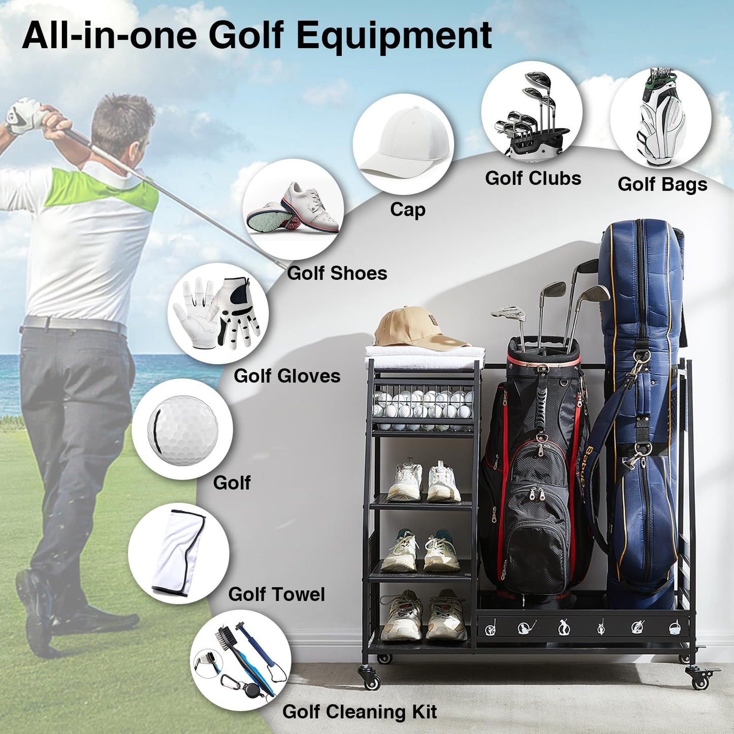 Lauren&Harold Golf Bag Organizer Garage Storage, Golf Storage Rack Stand