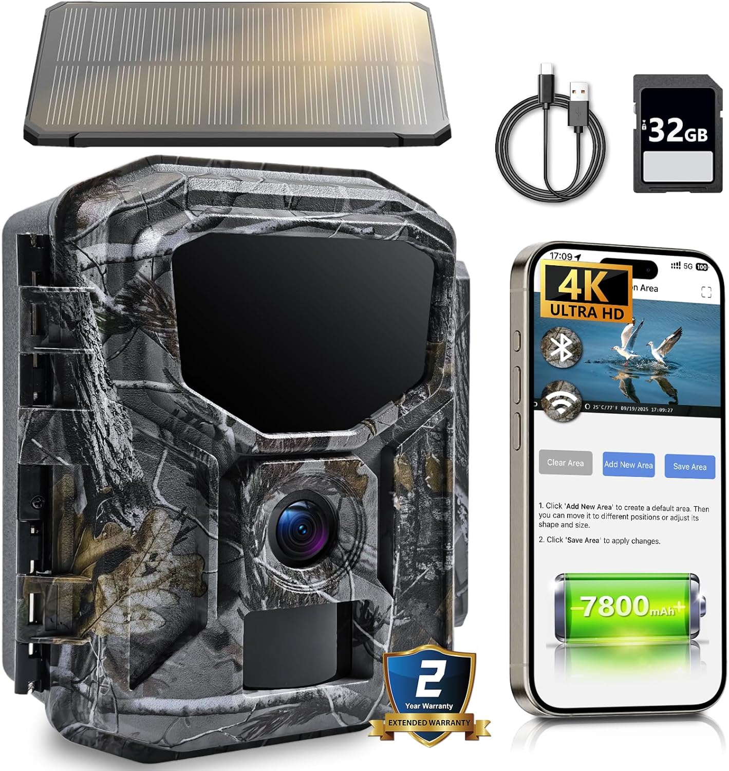 Trail Camera - Solar Powered 4K 60MP WiFi Game Camera with 0.1s Trigger & 65FT Detection | IP66 Waterproof