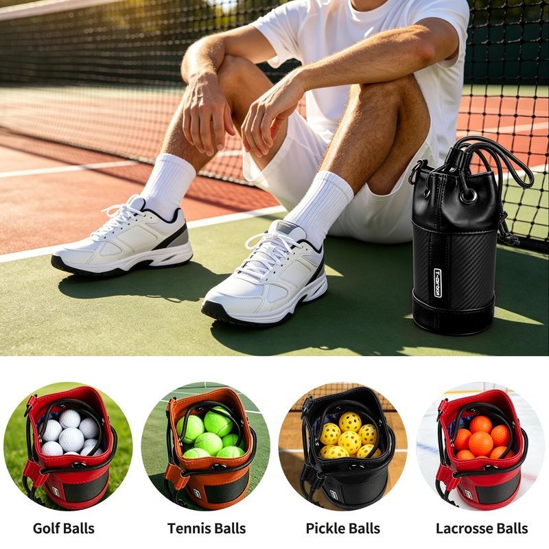 T-carbon Golf Valuables Pouch with Study Bottom, Bucket Golf & Tennis Ball Bag with Drawstrings, Carbon Fiber Leather Ball Holder for Pickleball, Tennis, Lacrosse Balls Accessories, Black