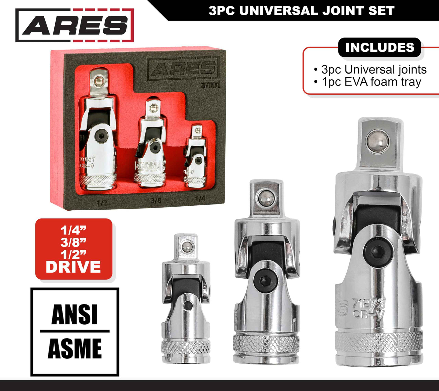 ARES 37001-3-Piece Universal Joint Socket Set - Includes 1/4-Inch, 3/8-Inch, and 1/2-Inch Drive U-Joints - EVA Foam Holder