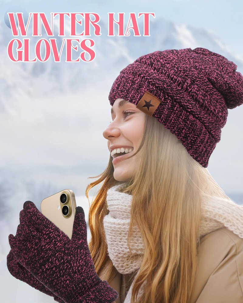JaGely 8 Pieces Women Winter Hats and Gloves Set Women Warm Touchscreen Knitted Lined Gloves Winter Beanies(Navy Blue, Wine Red, Mixed Black White,Mixed Khaki,Without Pom Pom)