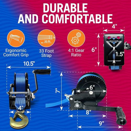 Boat Trailer Winch - Heavy Duty Manual Hand Crank with Strap & Hook for Towing Trailers & Boats