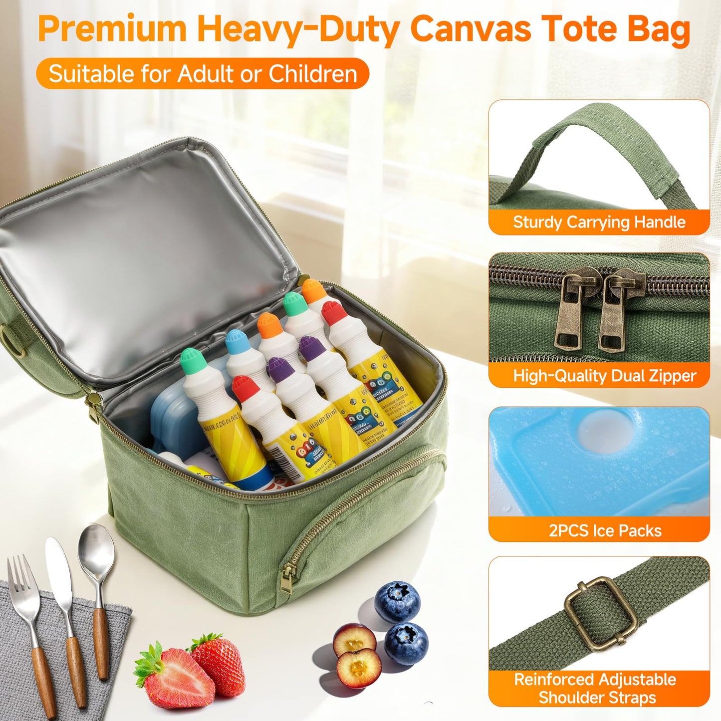 neatlife Men's London Green Lunch Box for Work with 2 XL Ice Packs, Sturdy Waxed Canvas Insulated Adult Lunch Bag, 2 Compartment 10.5L Soft Cooler Bag For Work, Picnic, Travel, Outdoors