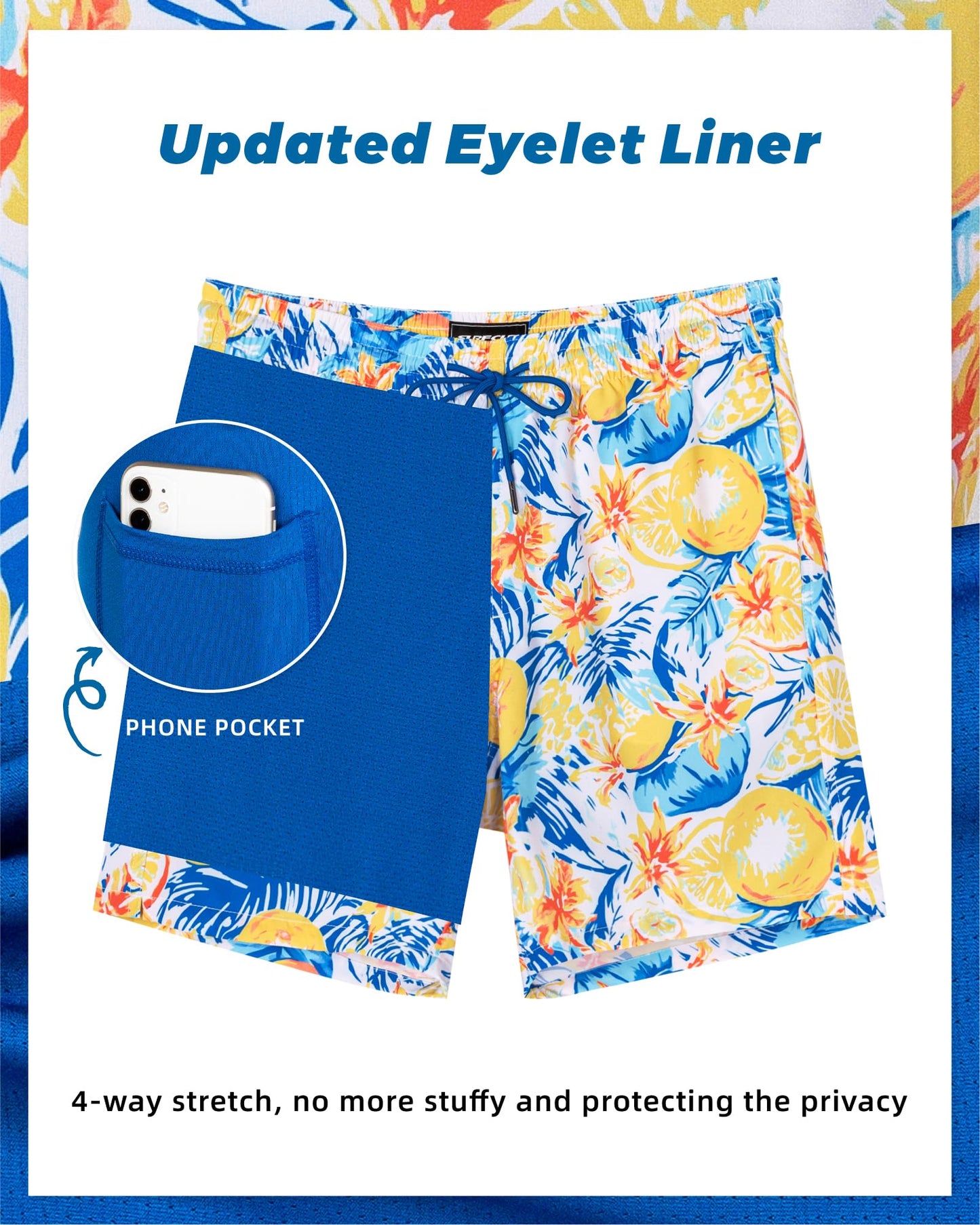 SURF CUZ Mens Swim Trunks with Compression Liner Quick Dry 7" Swimming Trunks Stretch Zipper Pockets, Fresh Fruit, Blue, Medium, Adult Men