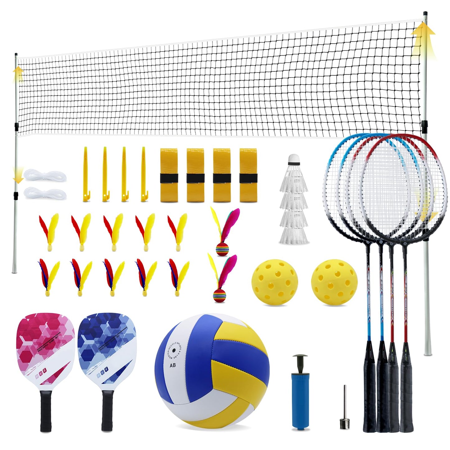 ZHUOKECE Outdoor Portable Volleyball and Badminton Net Combo Set, Official Size 5 Volleyballs Pickleball and Badminton Set for Backyard Games (Blue+Green)