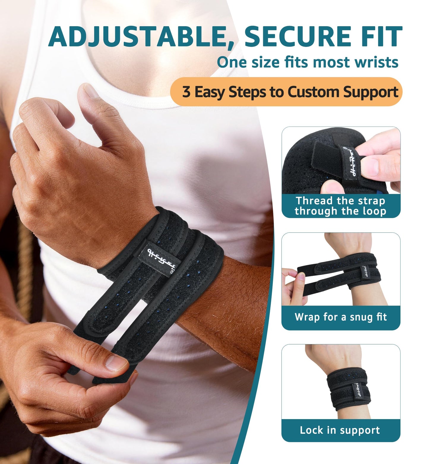 HiRui Wrist Brace for TFCC Tears, Adjustable Wristband Wrist Wraps Support for Fitness Weightlifting Tennis Tendonitis Carpal Tunnel Arthritis Pain Relief, One Size Adjustable (Black, 2 Pack)