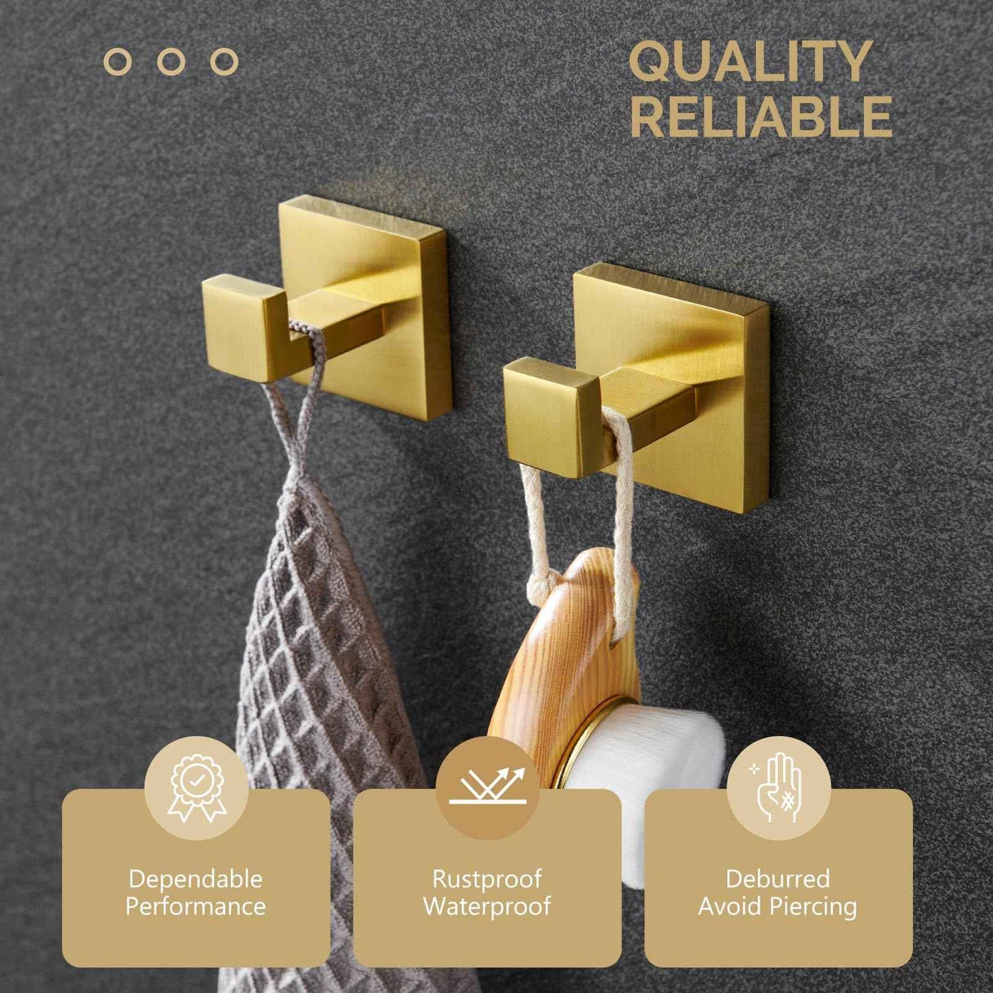 Angle Simple Towel Hook Brushed Gold 2 Pack, 304 Stainless Steel Square Robe Hook for Bathroom