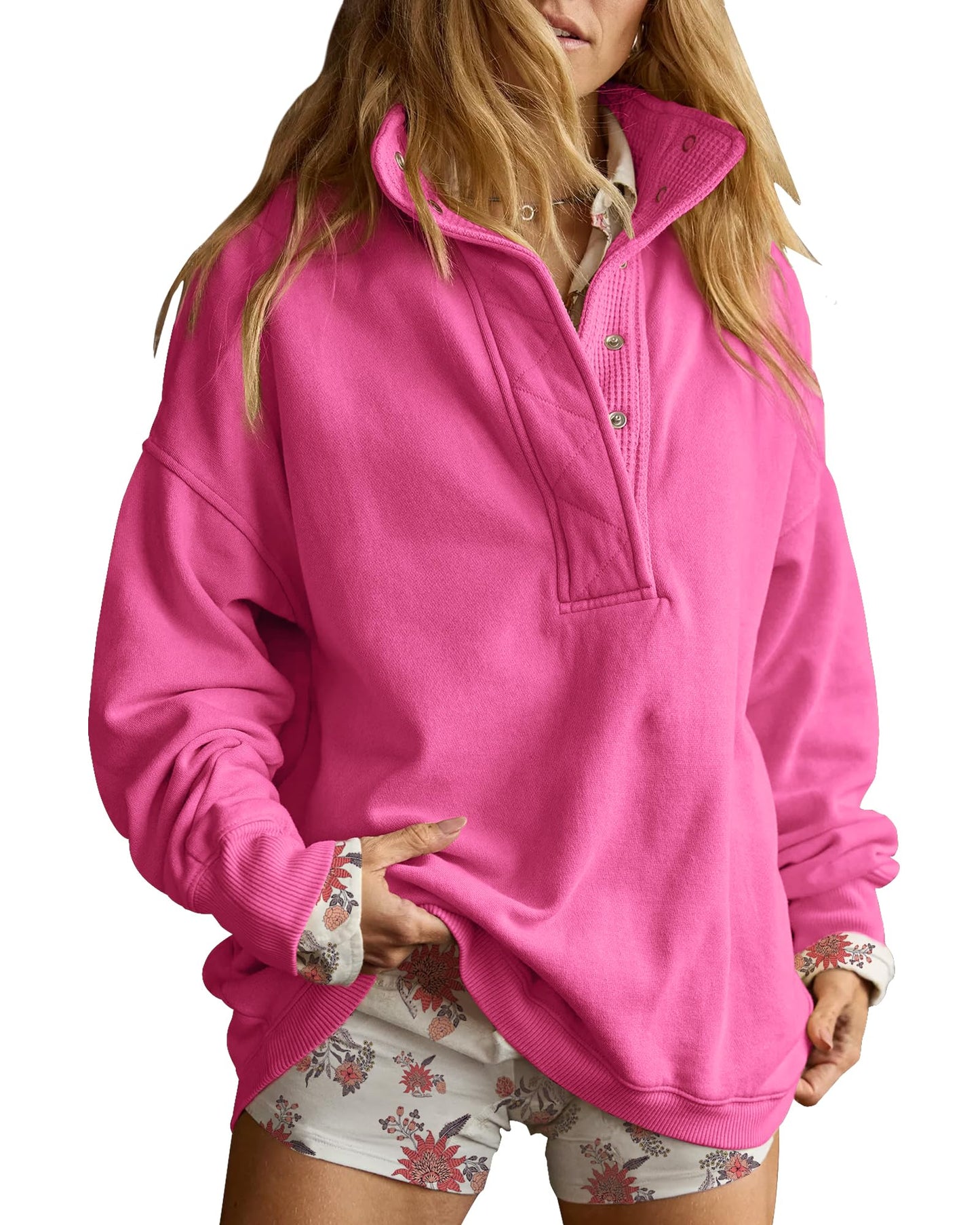 Gacaky Sweatshirt for Women Oversized Casual Long Sleeve Button Henley Neck Pullover Tops Fashion Outfits Clothes Hot Pink S