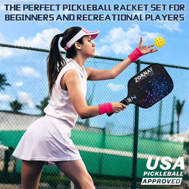 Zornay Pickleball Paddles Set of 2 - Light Weight Pickle Ball Paddles Set for Beginners, Men & Women - Perfect Starter Family Pickleball Racket, Fiberglass/Carbon, USAPA Approved