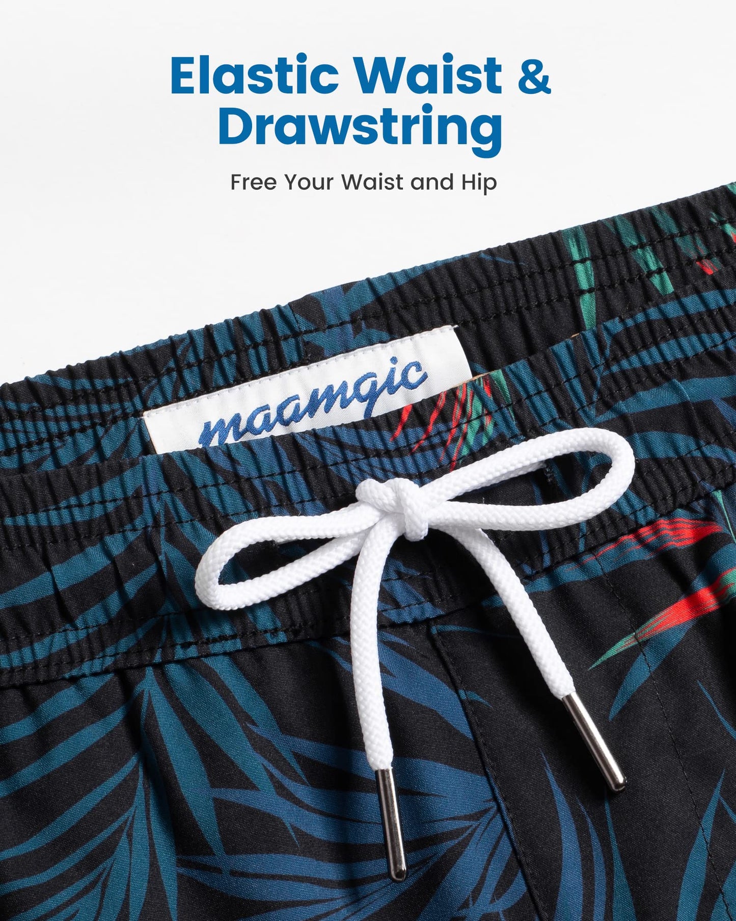 maamgic Mens Swim Trunks with Compression Liner 5 Inch, Quick Dry Bathing Suit with Zipper Pockets, Stretch No-Chafing Swim Shorts, Black-Orange Leaf Silhouette XX-Large