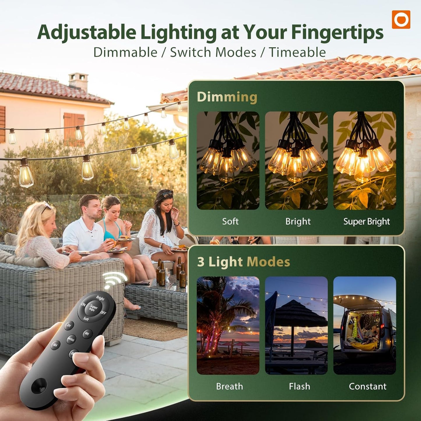 Solar String Lights Outdoor 102FT - 30+2 Waterproof LED Bulbs, Remote Control, Dimmable, 3 Modes for Patio & Garden