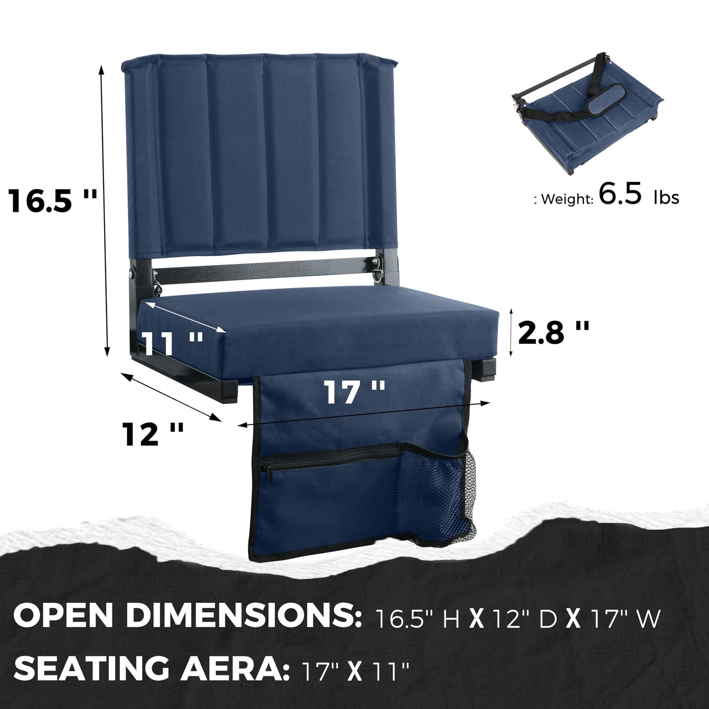 SPORT BEATS Stadium Seats with Back Support Bleacher Chairs with Back and Cushion Thick Padded Bleacher Seats Includes Shoulder Strap Navy Blue 2pcs Standard