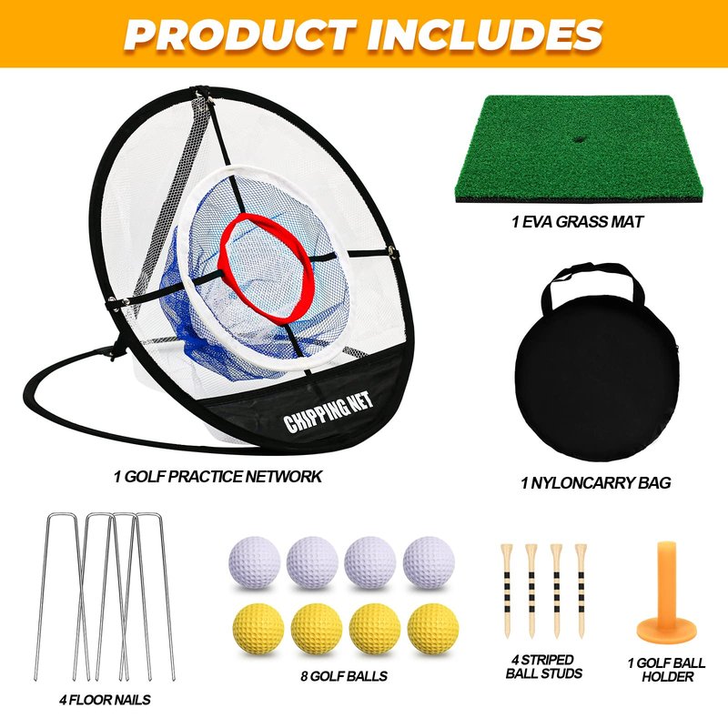 Pop Up Golf Chipping Net with Hitting Mat, Golf Target Chipping Net Collapsible 8 Practice Balls 4 Tees Rubber Tee Holder Fixed Tools for Indoor Outdoor Swing (Net+Mat)