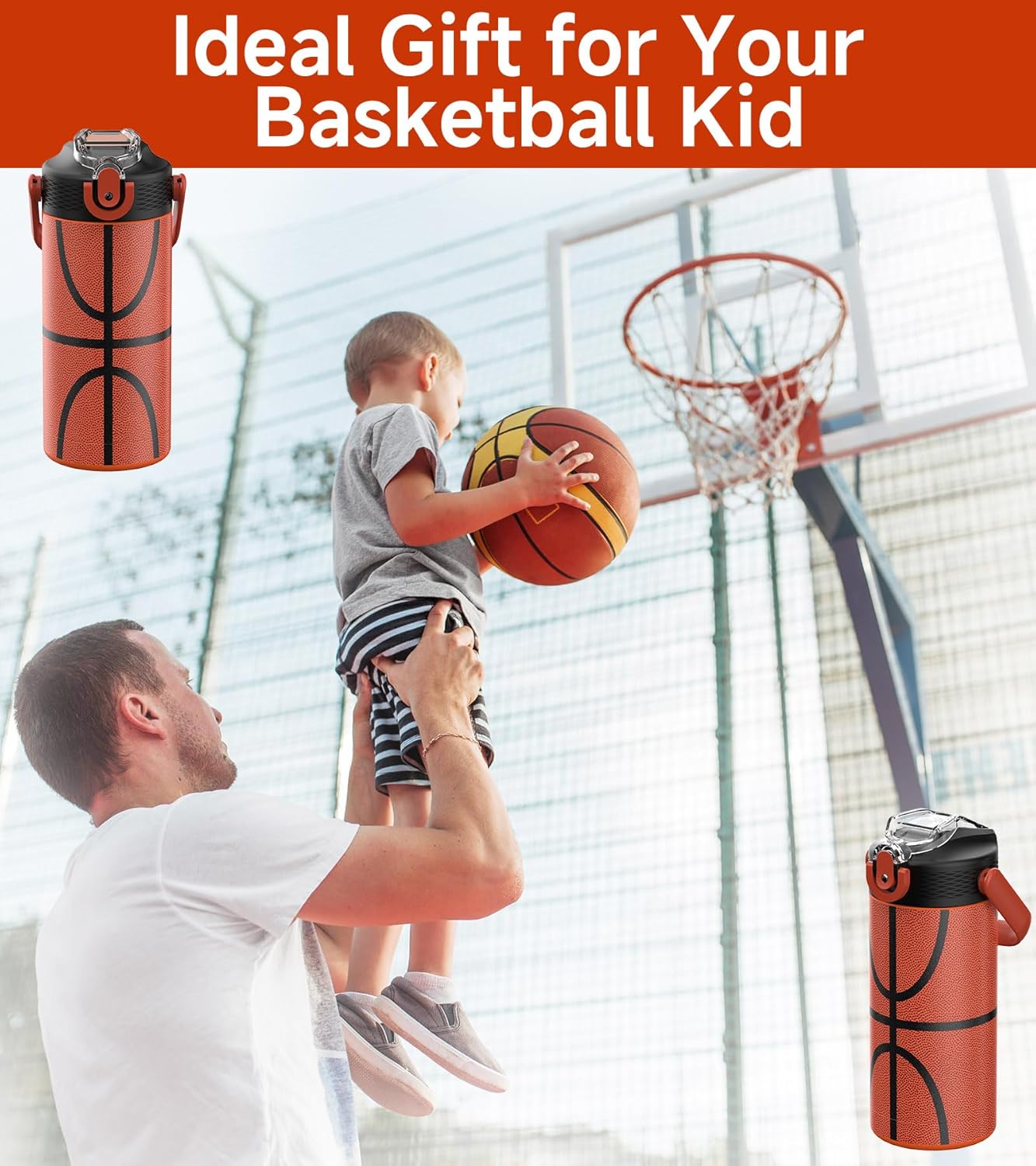 MYFOREST Insulated Kids Water Bottle - 14oz/400ml, Odor-Free Liner, Dishwasher-Safe, Soft Sipper, Basketball Gift