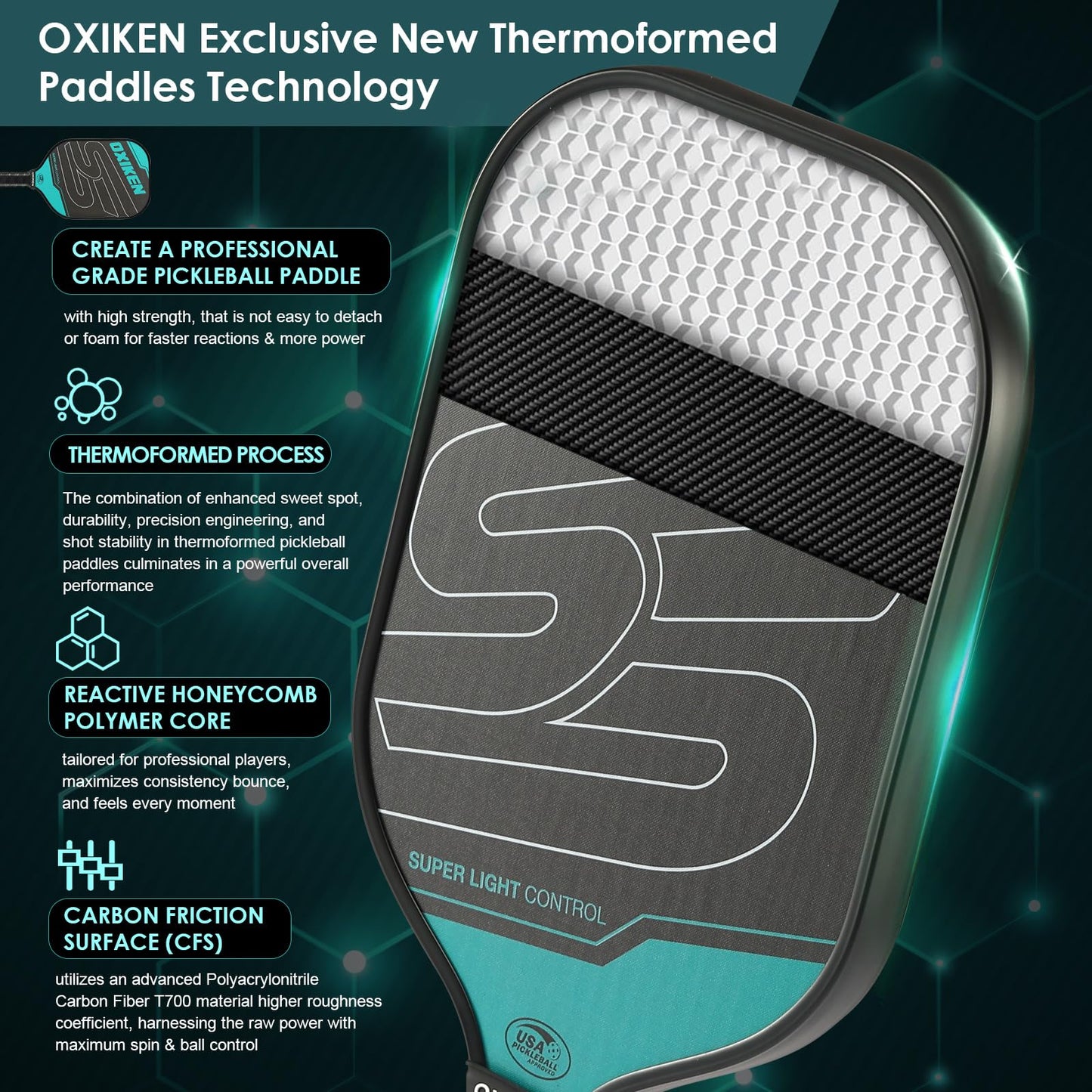 OXIKEN 16 mm Pickleball Paddles USAPA Approved T700 Carbon Fiber Surface (CFS) 8.3oz Pickle Paddle, Thermoformed High Grit & Spin, 5.5” Elongated Handle, Anti Slip Sweat Absorbing Grip with Cover Case