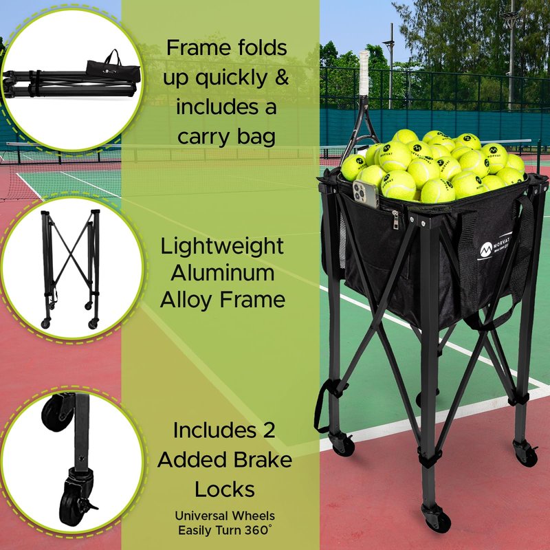 Morvat Tennis Ball Cart 2.0 with Replacement Bag, Portable & Lightweight, Foldable Frame, 1 Year Warranty