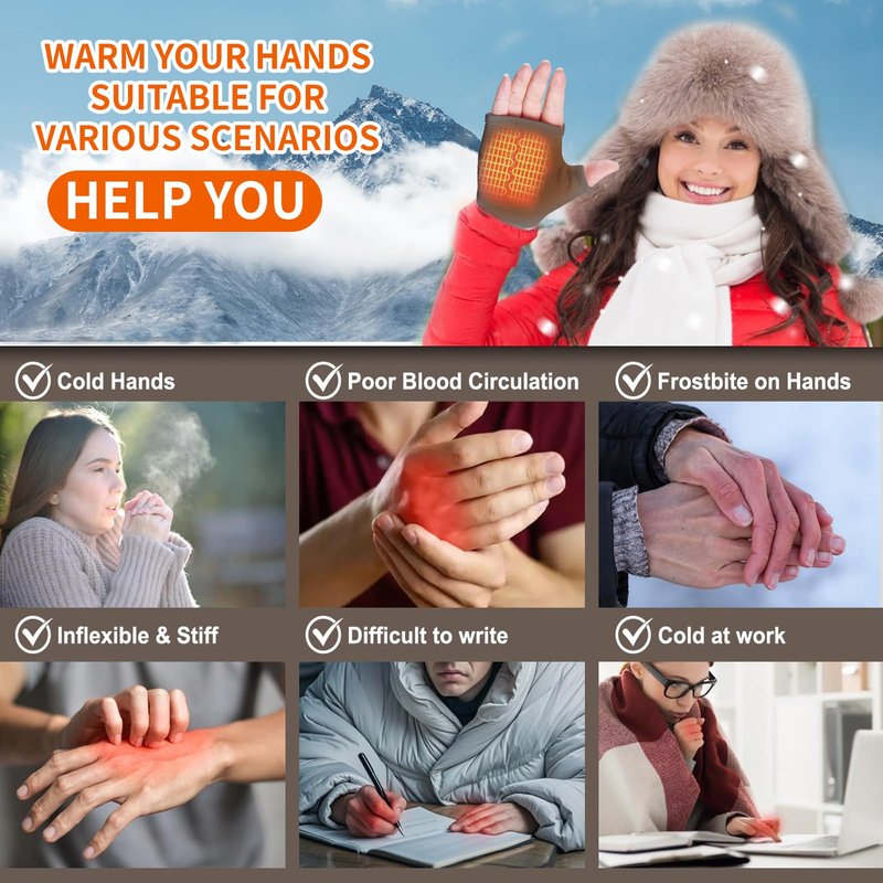 Portable Heating Fingerless Gloves with Digital Display, Rechargeable Heated Thermostatic Gloves for Outdoor, Cycling, (Grey)