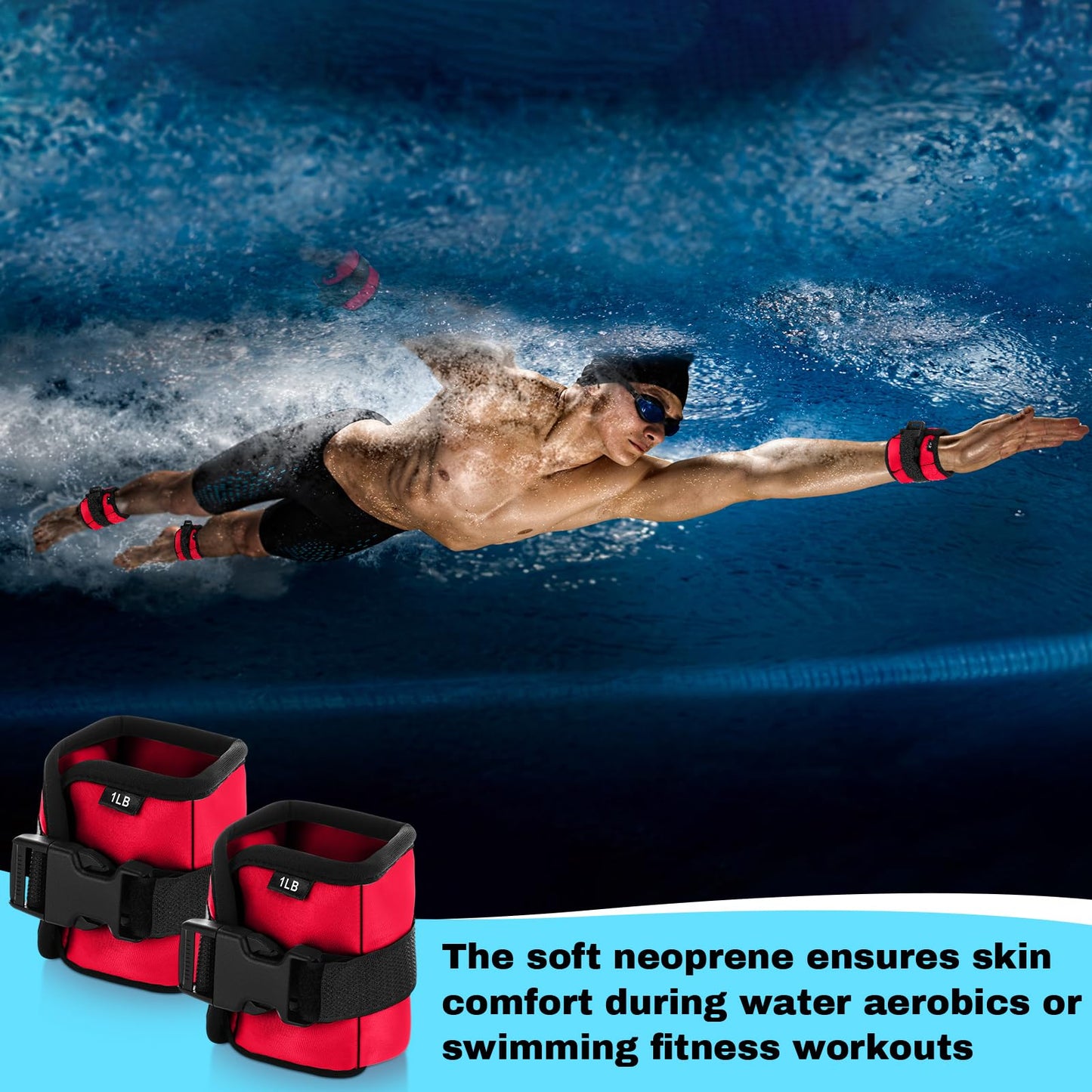 Hollowfly 2 Pairs Ankle Wrist Weights for Land or Aquatic Exercise Aqua Cuffs Aqua Aerobics Fitness Bands for Ankle and Wrist Adjustable Weights for Swimming Pool Workout Equipment(Red,1lb)