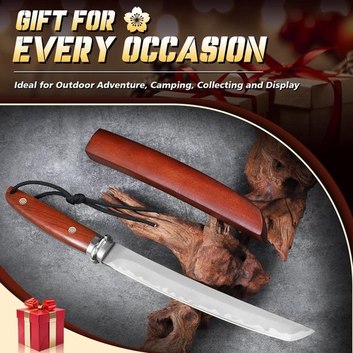 Dragon Creek Fixed Blade Knife - Plain Outdoor Survival Knife with Wooden Sheath Full Tang Handle for Camping Hiking Gift Men